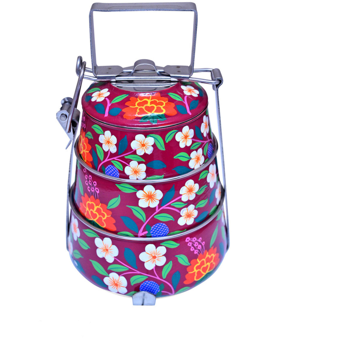 Hand-Painted 3-Tier Stainless Steel Lunch Box –  Floral Design Eco-Friendly & Artistic Food Carrier